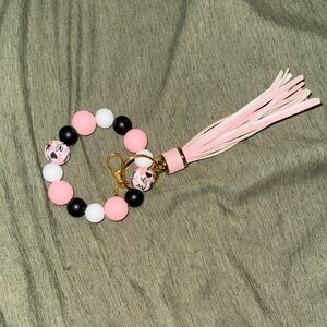 Pink and Black Beaded Keychain with Tassel